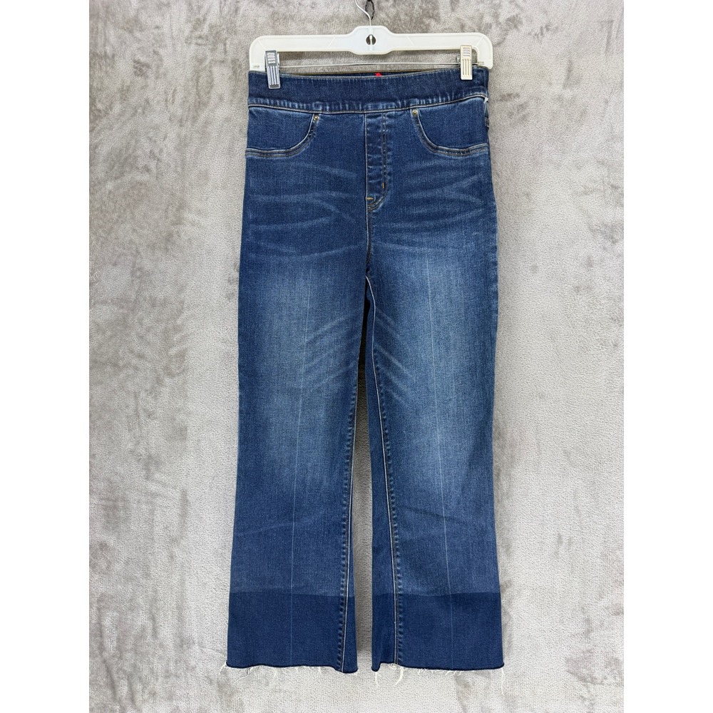 SPANX Women Blue Cropped Flare Pull On Jeans 20231R Size Small High Rise Raw Hem